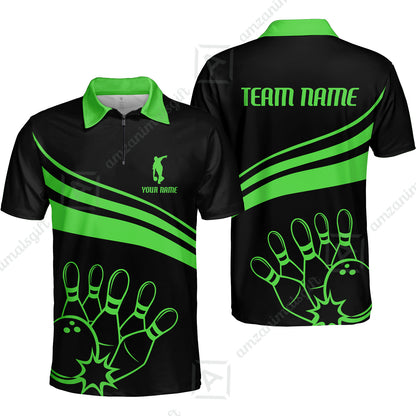 Bowling Customized Jersey Black Shirt Green Curve Bowling Tenpin Quarter Zip Shirt, Outfit For Bowlers, Bowling Team