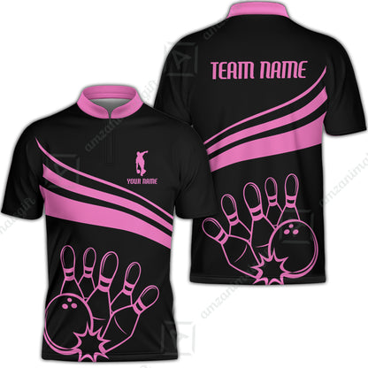 Bowling Customized Jersey Black Shirt Pink Curve Bowling Tenpin Quarter Zip Shirt, Outfit For Bowlers, Bowling Team