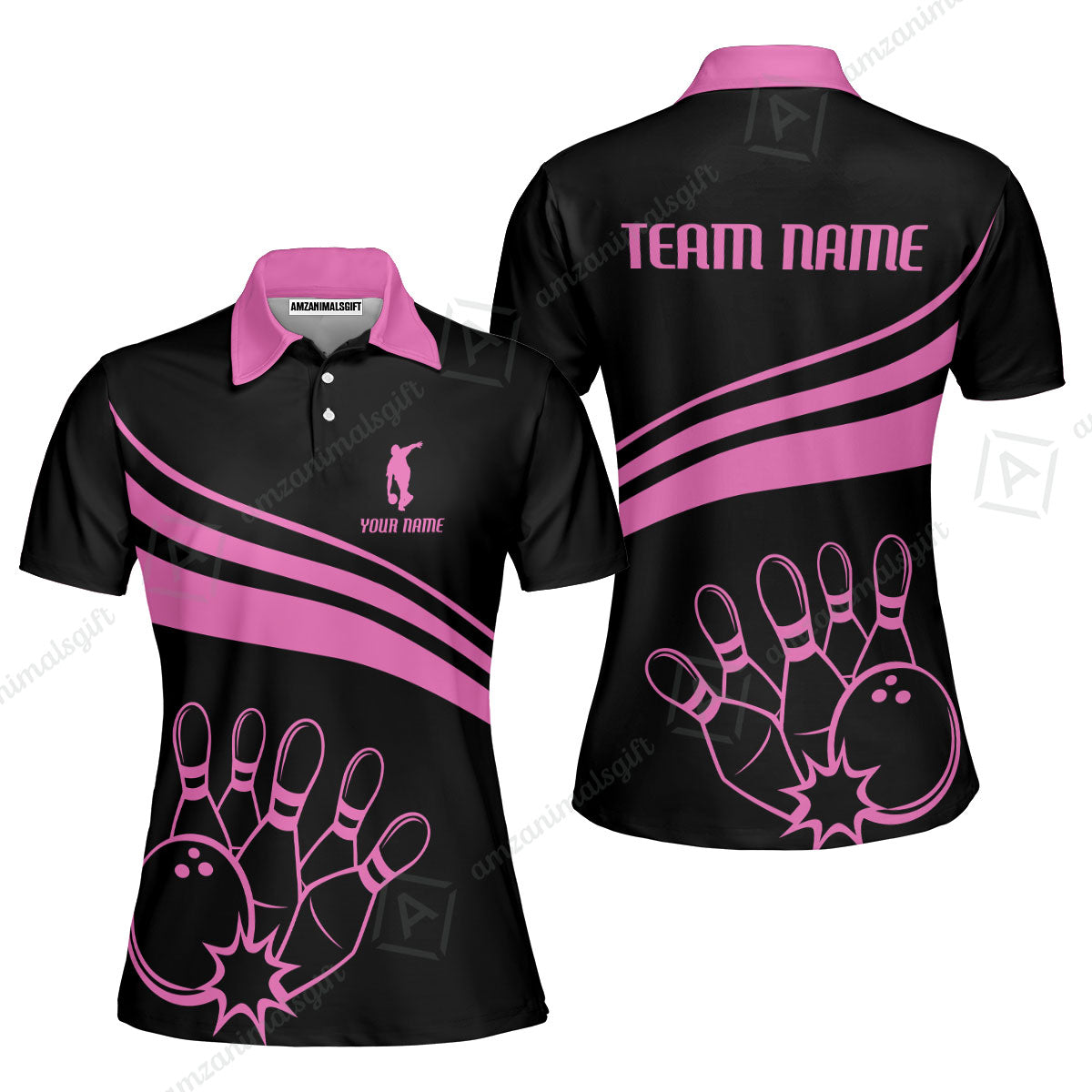 Bowling Customized Jersey Black Shirt Pink Curve Bowling Tenpin Quarter Zip Shirt, Outfit For Bowlers, Bowling Team