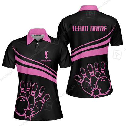 Bowling Customized Jersey Black Shirt Pink Curve Bowling Tenpin Quarter Zip Shirt, Outfit For Bowlers, Bowling Team