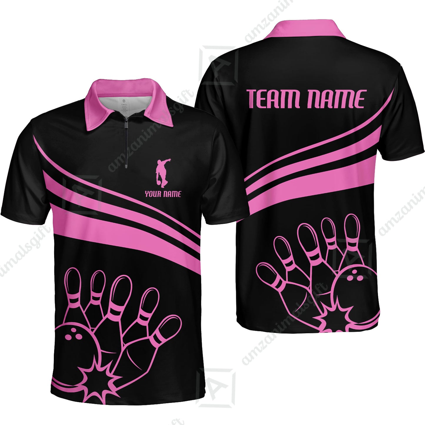 Bowling Customized Jersey Black Shirt Pink Curve Bowling Tenpin Quarter Zip Shirt, Outfit For Bowlers, Bowling Team