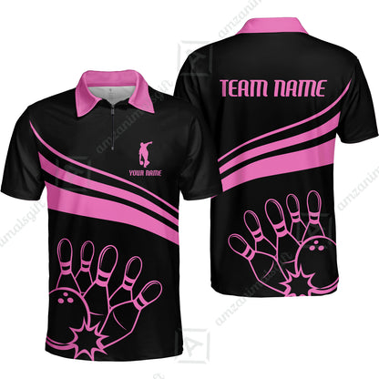 Bowling Customized Jersey Black Shirt Pink Curve Bowling Tenpin Quarter Zip Shirt, Outfit For Bowlers, Bowling Team
