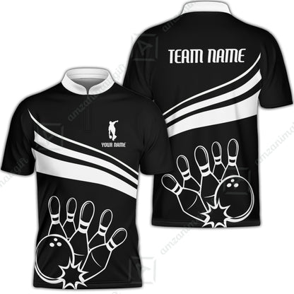 Bowling Customized Jersey Black Shirt White Curve Bowling Tenpin Quarter Zip Shirt, Outfit For Bowlers, Bowling Team