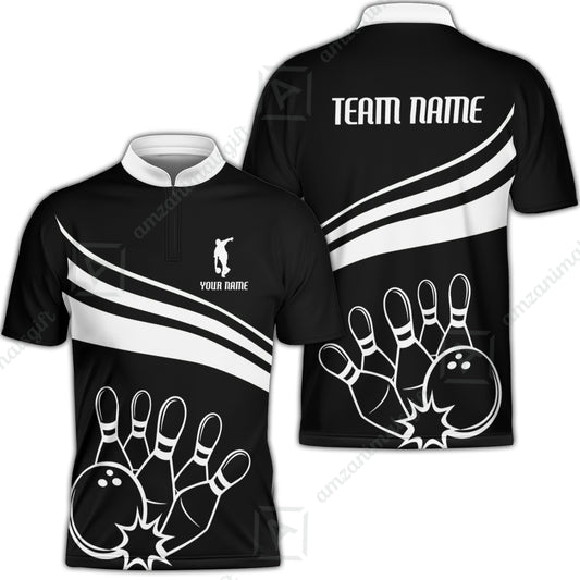 Bowling Customized Jersey Black Shirt White Curve Bowling Tenpin Quarter Zip Shirt, Outfit For Bowlers, Bowling Team