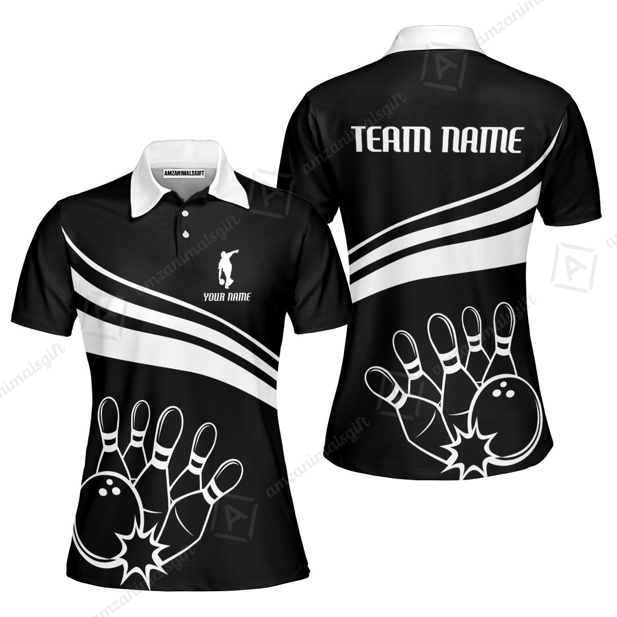 Bowling Customized Jersey Black Shirt White Curve Bowling Tenpin Quarter Zip Shirt, Outfit For Bowlers, Bowling Team