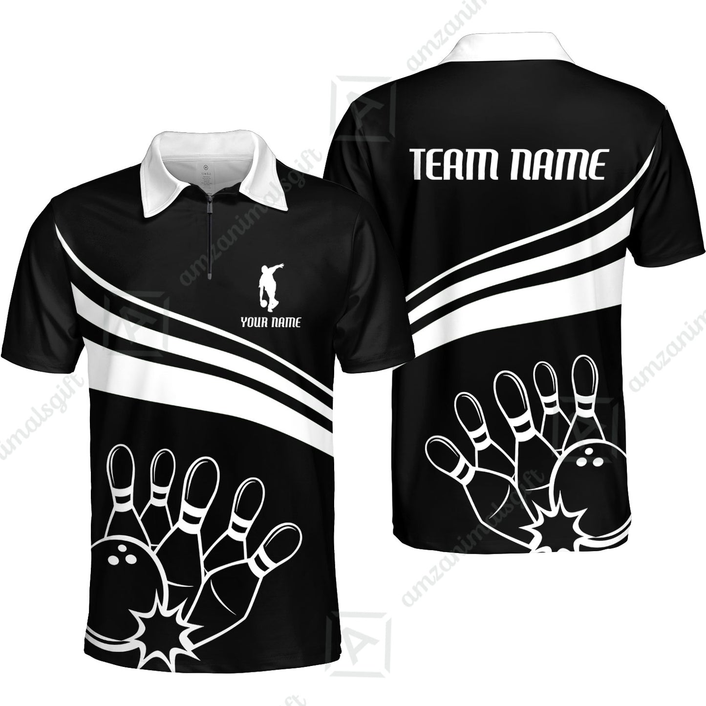 Bowling Customized Jersey Black Shirt White Curve Bowling Tenpin Quarter Zip Shirt, Outfit For Bowlers, Bowling Team