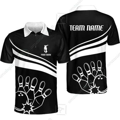 Bowling Customized Jersey Black Shirt White Curve Bowling Tenpin Quarter Zip Shirt, Outfit For Bowlers, Bowling Team
