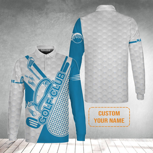 Golf Custom Name Men's Long Sleeve Polo Shirt - Blue Golf Club Apparel - Personalized Best Gift For Golf Lover, Team, Golfer, Men