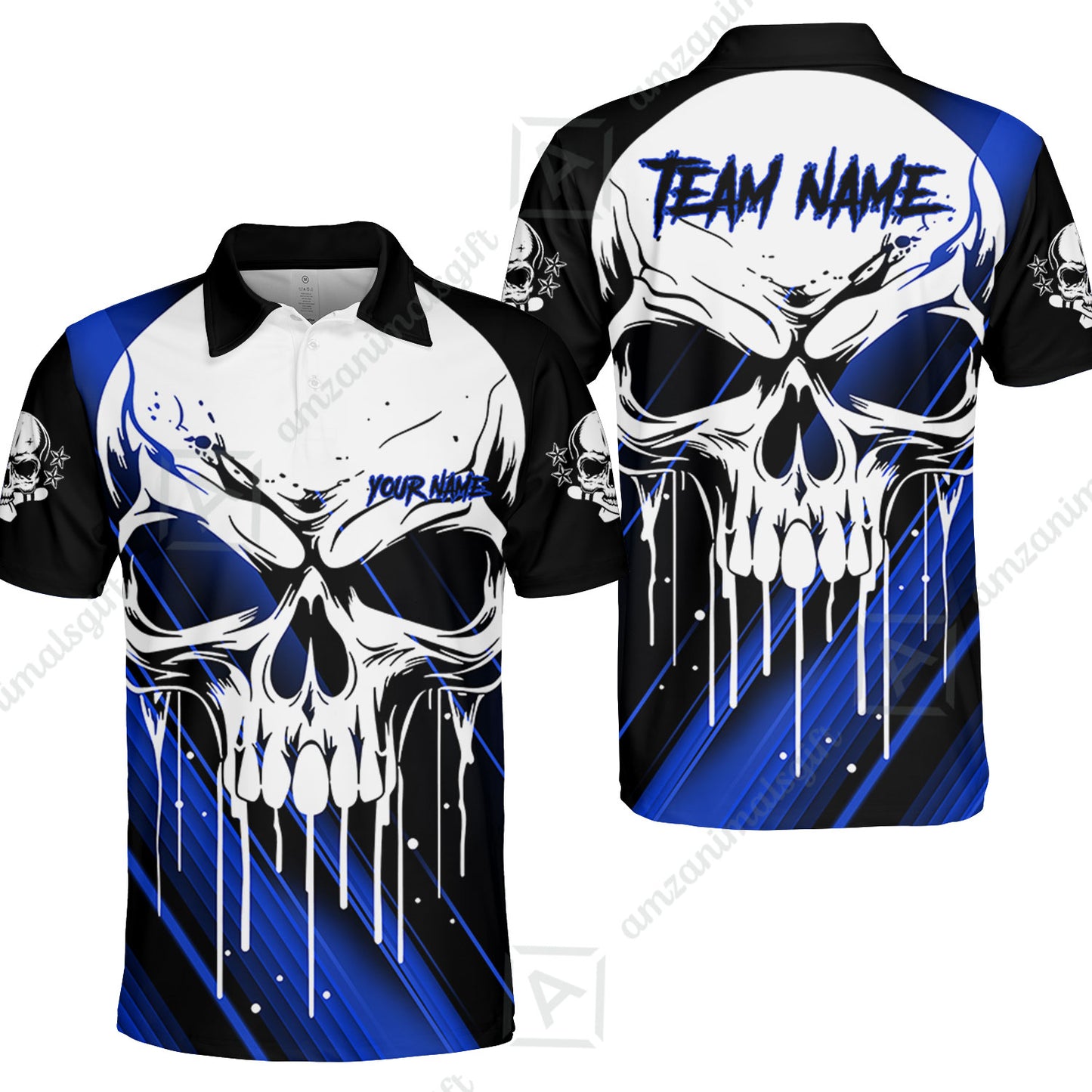 Customized Bowling Polo, Blue Skull Bowling Creepy Style Bowling jerseys Custom Name And Team Shirt
