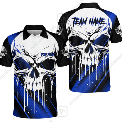 Customized Bowling Polo, Blue Skull Bowling Creepy Style Bowling jerseys Custom Name And Team Shirt