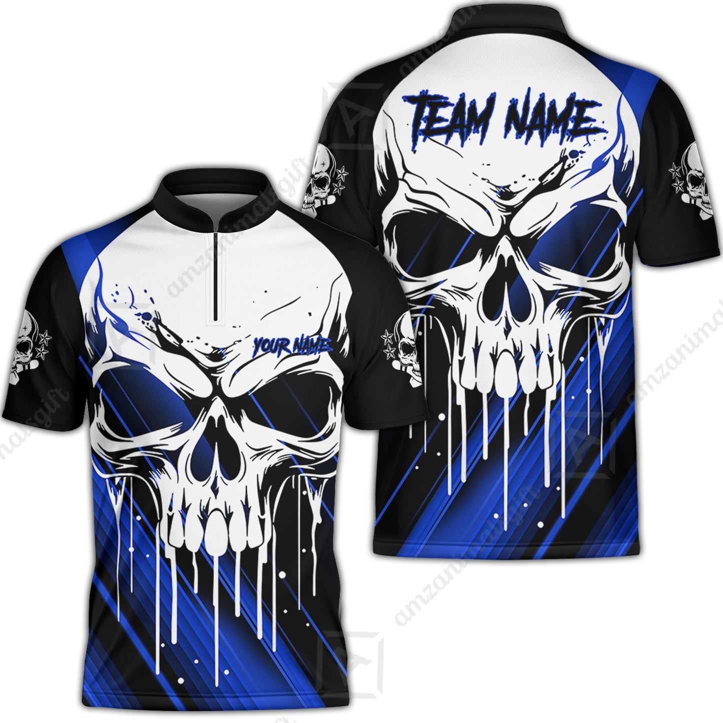 Customized Bowling Polo, Blue Skull Bowling Creepy Style Bowling jerseys Custom Name And Team Shirt