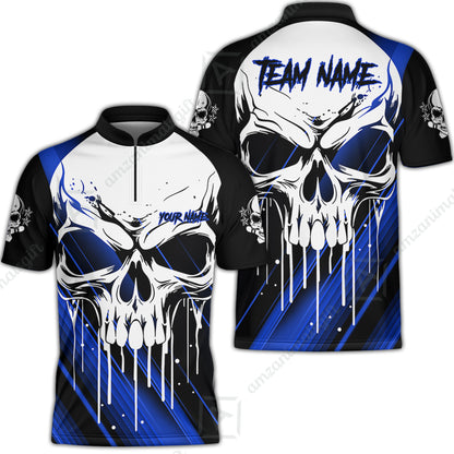 Customized Bowling Polo, Blue Skull Bowling Creepy Style Bowling jerseys Custom Name And Team Shirt