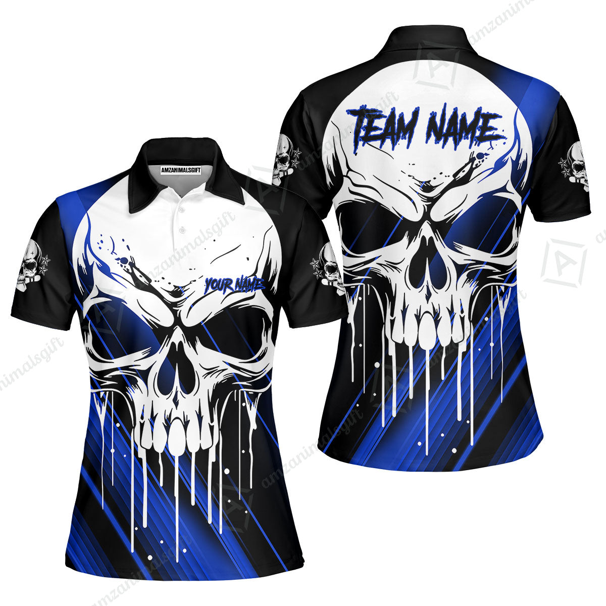 Customized Bowling Polo, Blue Skull Bowling Creepy Style Bowling jerseys Custom Name And Team Shirt