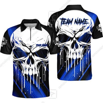 Customized Bowling Polo, Blue Skull Bowling Creepy Style Bowling jerseys Custom Name And Team Shirt