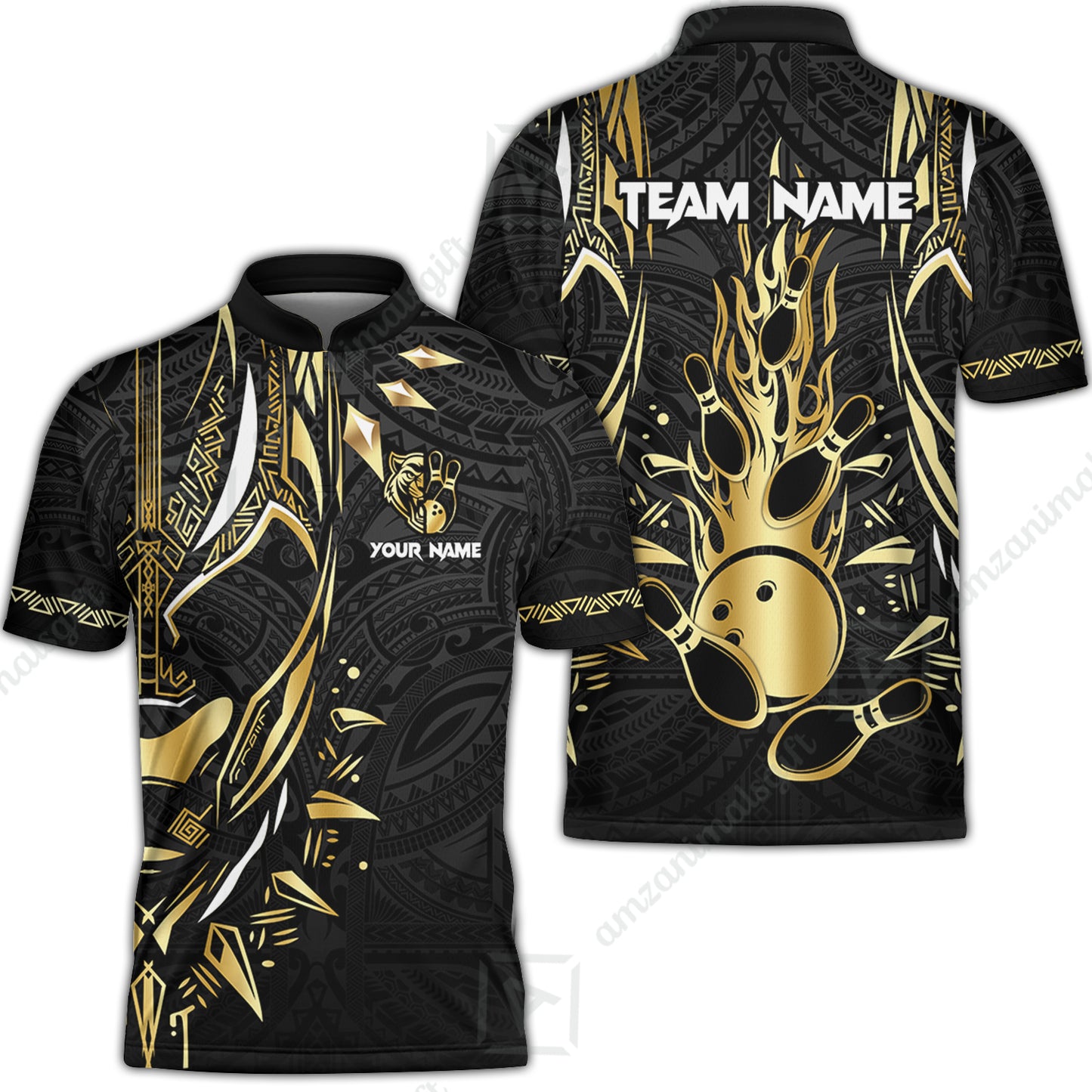 Custom Black Bowling Team Jersey, Panther Forever Bowling Jersey Multicolor Polo Quarter-Zip Shirts, Custom Bowling Uniforms Jerseys