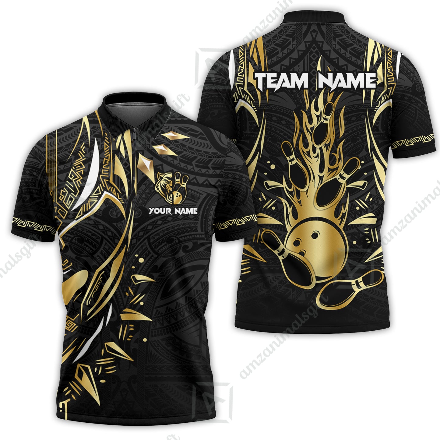 Custom Black Bowling Team Jersey, Panther Forever Bowling Jersey Multicolor Polo Quarter-Zip Shirts, Custom Bowling Uniforms Jerseys