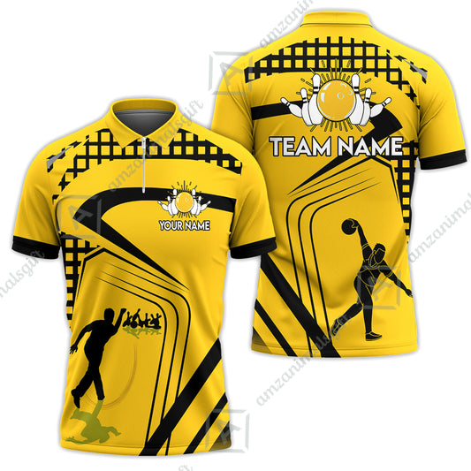 Customized Bowling Team Quarter-Zip Polo Shirts, Yellow Slash Bowling Uniforms Personalized Name And Team Name For Bowlers