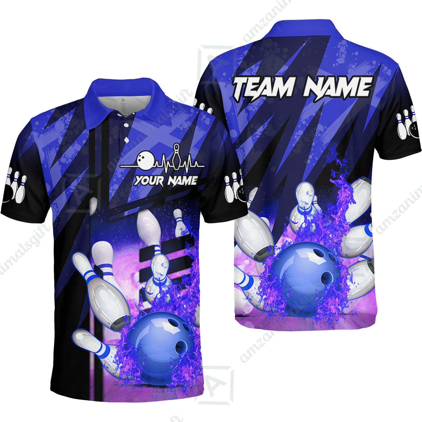 Customized Bowling Polo Shirt, Bowling And Pins Abstract Grunge Texture XX Multicolor Option Customized Name And Team Zipper Polo Jerseys Shirts