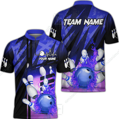Customized Bowling Polo Shirt, Bowling And Pins Abstract Grunge Texture XX Multicolor Option Customized Name And Team Zipper Polo Jerseys Shirts