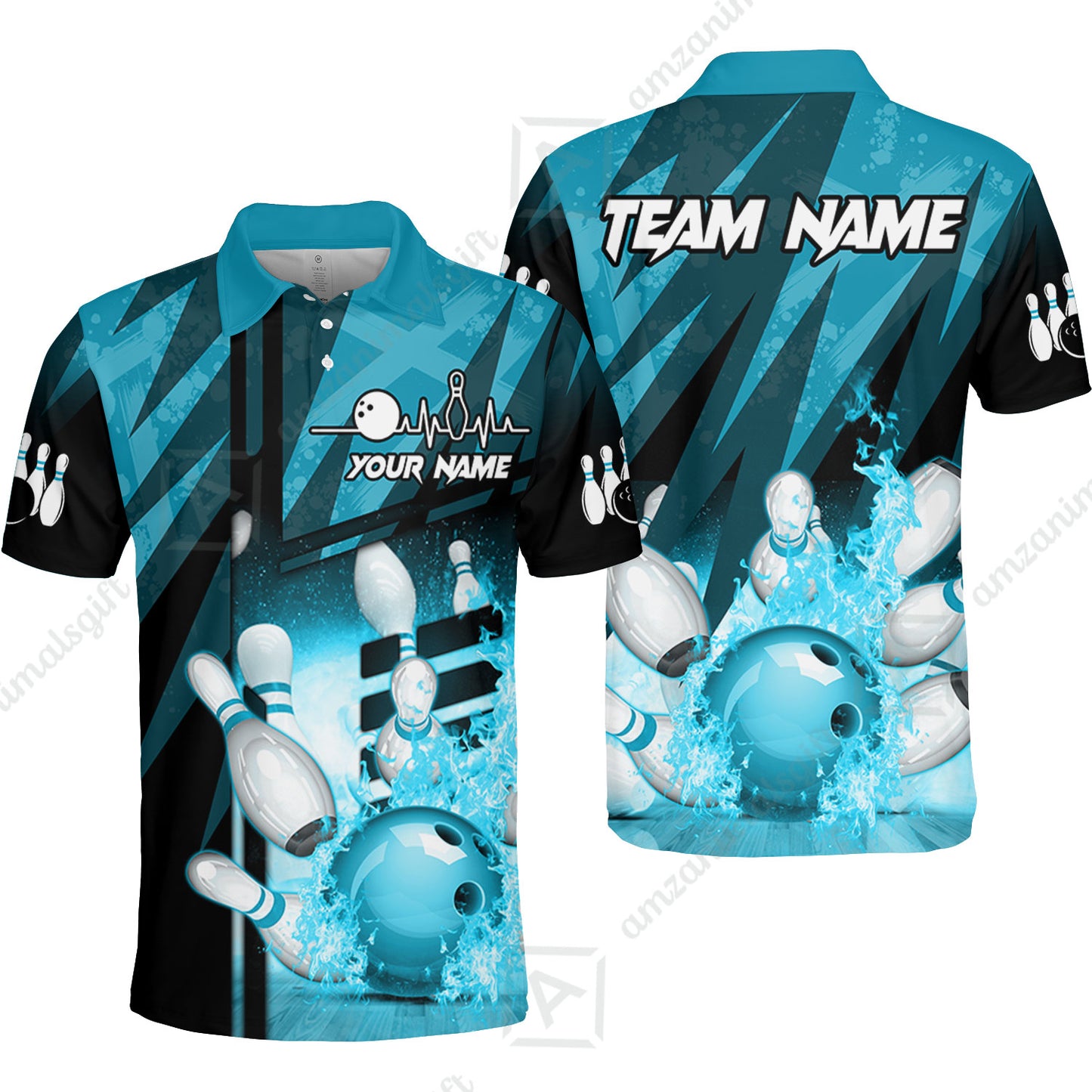 Customized Bowling Polo Shirt, Bowling And Pins Abstract Grunge Texture XX Multicolor Option Customized Name And Team Zipper Polo Jerseys Shirts