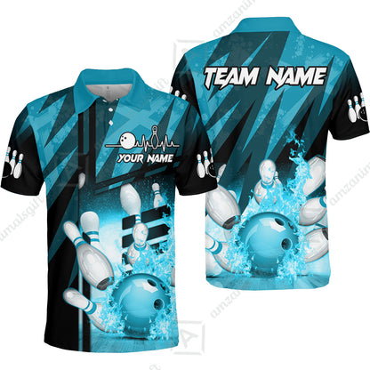Customized Bowling Polo Shirt, Bowling And Pins Abstract Grunge Texture XX Multicolor Option Customized Name And Team Zipper Polo Jerseys Shirts