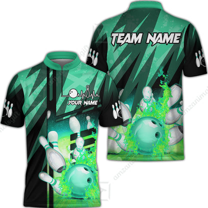 Customized Bowling Polo Shirt, Bowling And Pins Abstract Grunge Texture XX Multicolor Option Customized Name And Team Zipper Polo Jerseys Shirts