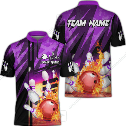 Customized Bowling Polo Shirt, Bowling And Pins Abstract Grunge Texture XX Multicolor Option Customized Name And Team Zipper Polo Jerseys Shirts