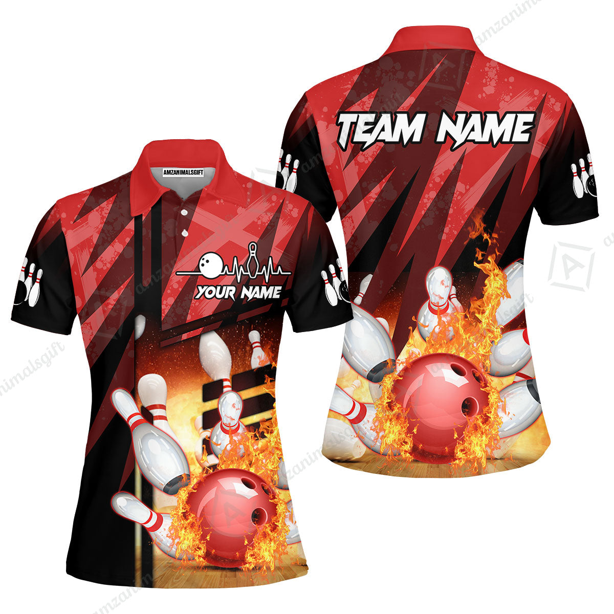 Customized Bowling Polo Shirt, Bowling And Pins Abstract Grunge Texture XX Multicolor Option Customized Name And Team Zipper Polo Jerseys Shirts
