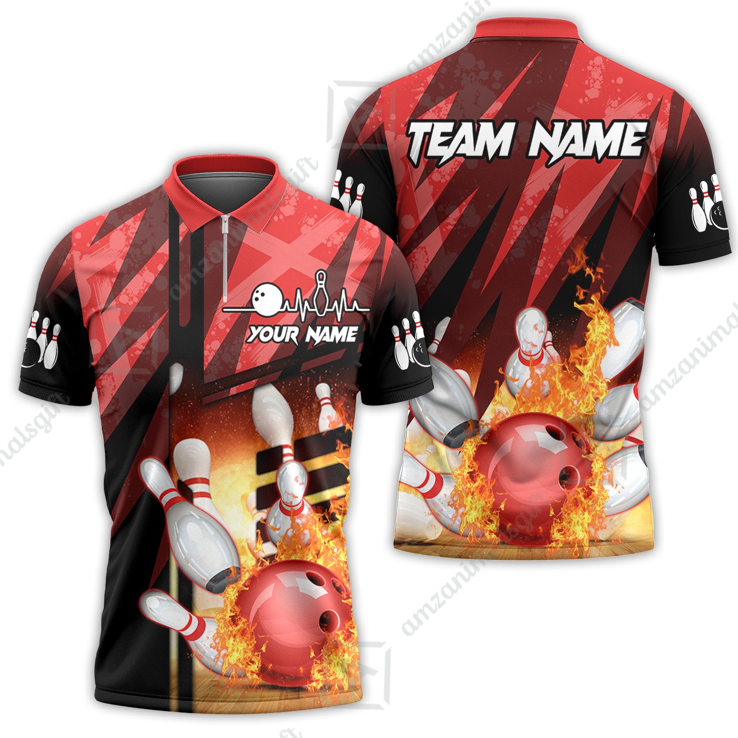 Customized Bowling Polo Shirt, Bowling And Pins Abstract Grunge Texture XX Multicolor Option Customized Name And Team Zipper Polo Jerseys Shirts