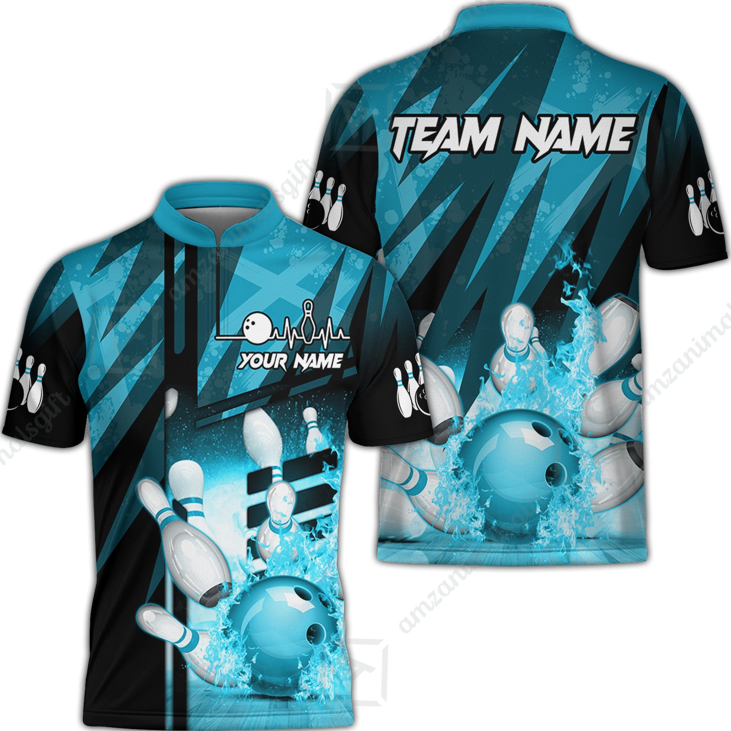 Customized Bowling Polo Shirt, Bowling And Pins Abstract Grunge Texture XX Multicolor Option Customized Name And Team Zipper Polo Jerseys Shirts