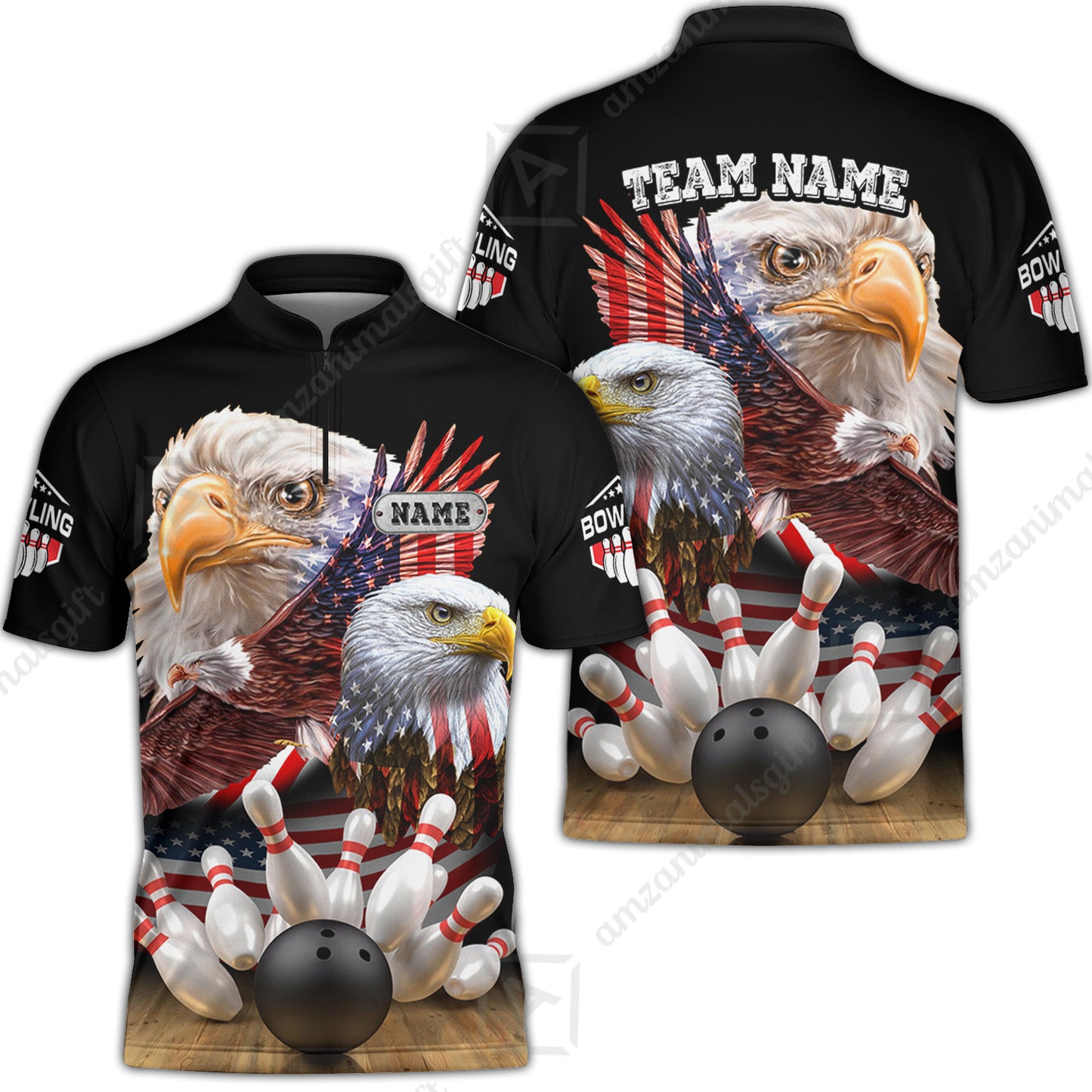 Customized Bowling Polo, Bowling And Pins American Eagles Pride Customized Name And Team Name And Team Zipper Polo Jerseys Shirts