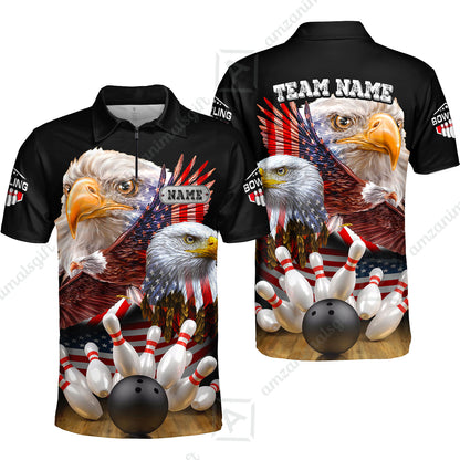 Customized Bowling Polo, Bowling And Pins American Eagles Pride Customized Name And Team Name And Team Zipper Polo Jerseys Shirts