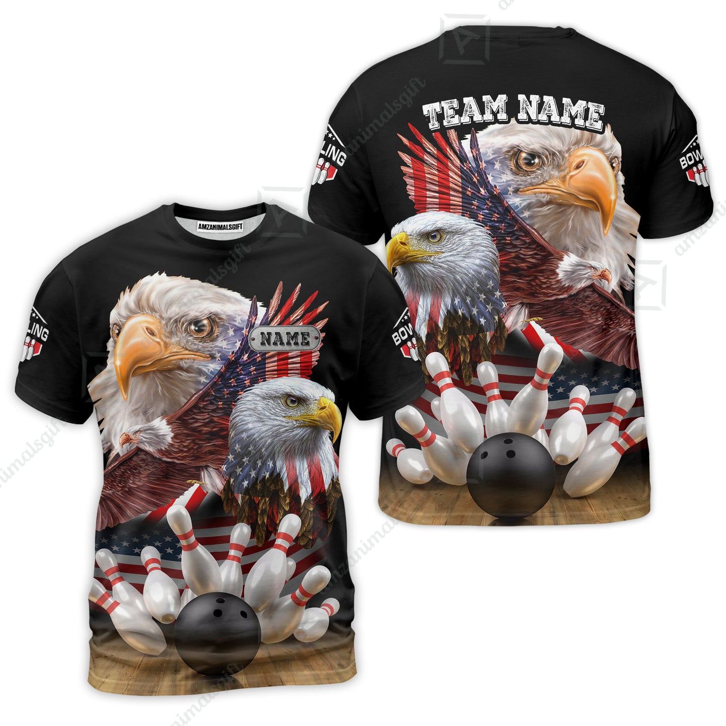 Customized Bowling Polo, Bowling And Pins American Eagles Pride Customized Name And Team Name And Team Zipper Polo Jerseys Shirts