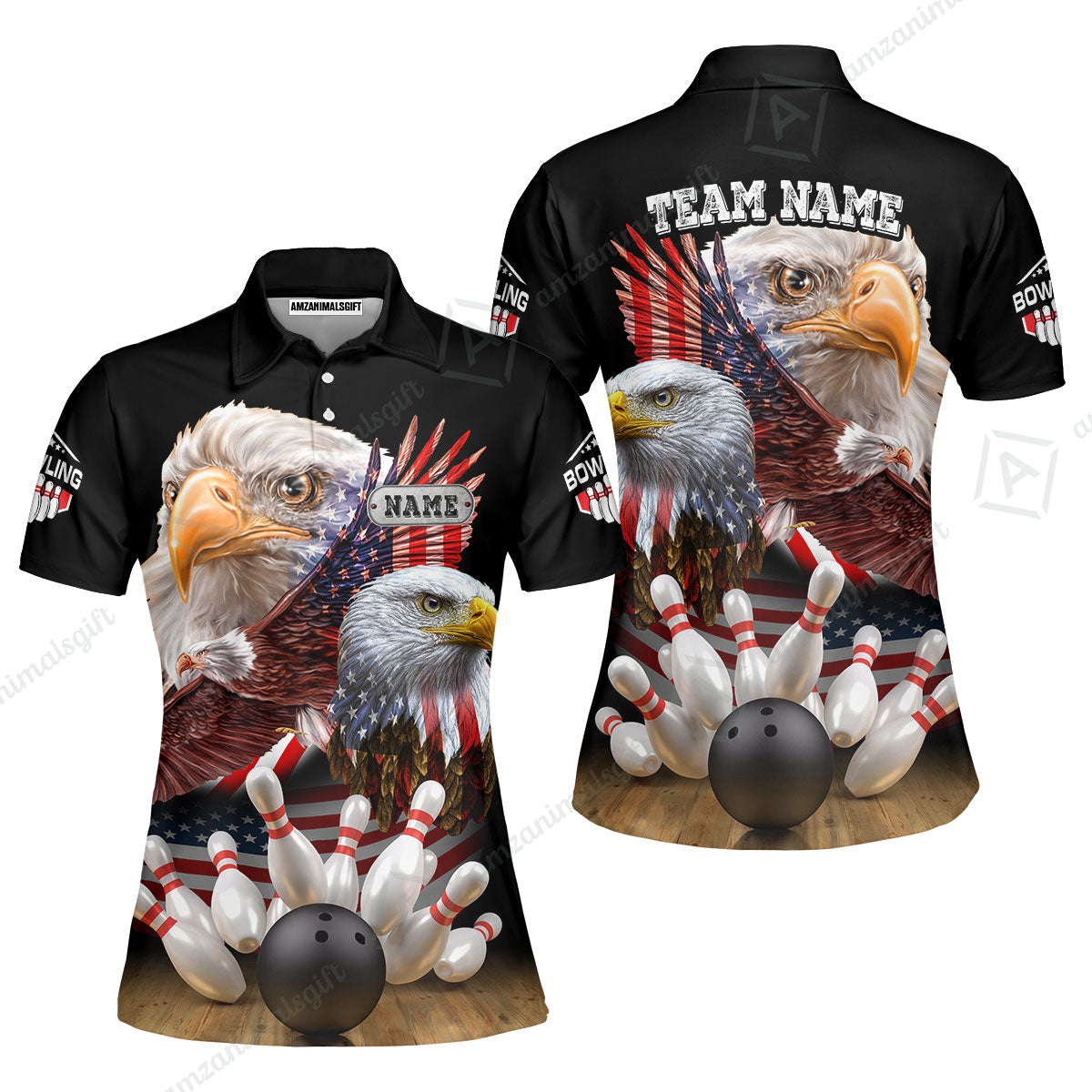 Customized Bowling Polo, Bowling And Pins American Eagles Pride Customized Name And Team Name And Team Zipper Polo Jerseys Shirts