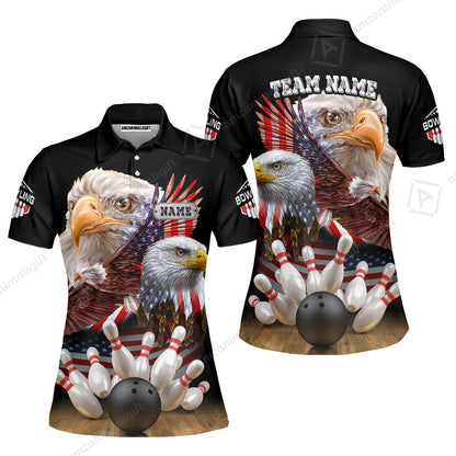 Customized Bowling Polo, Bowling And Pins American Eagles Pride Customized Name And Team Name And Team Zipper Polo Jerseys Shirts