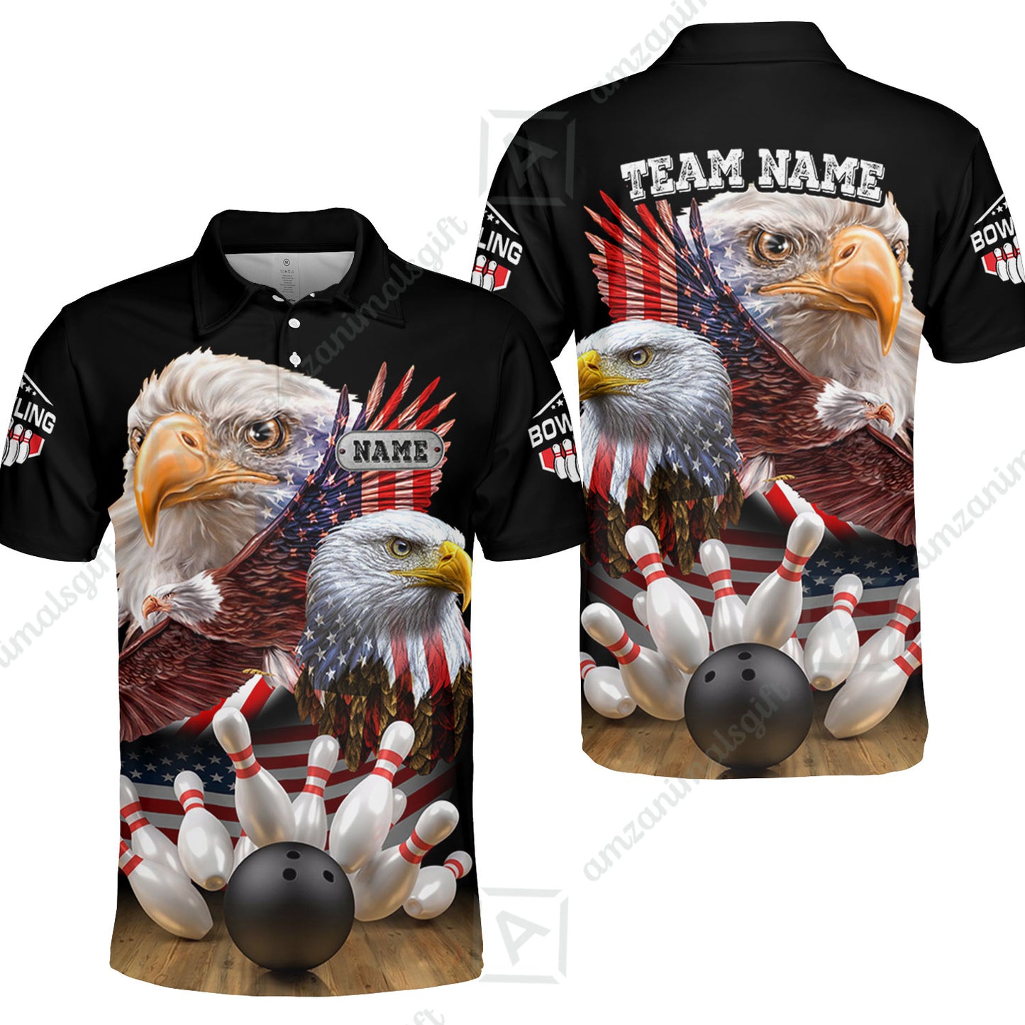 Customized Bowling Polo, Bowling And Pins American Eagles Pride Customized Name And Team Name And Team Zipper Polo Jerseys Shirts