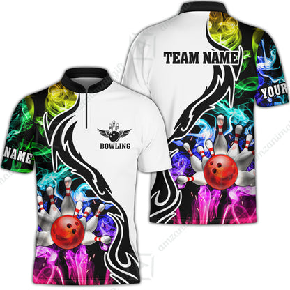 Customized Bowling Polo Shirt, Bowling And Pins Multicolor Smoke Pattern Customized Name And Team Polo Jerseys Shirts