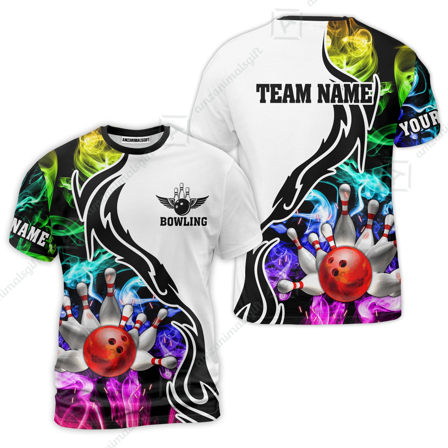 Customized Bowling Polo Shirt, Bowling And Pins Multicolor Smoke Pattern Customized Name And Team Polo Jerseys Shirts