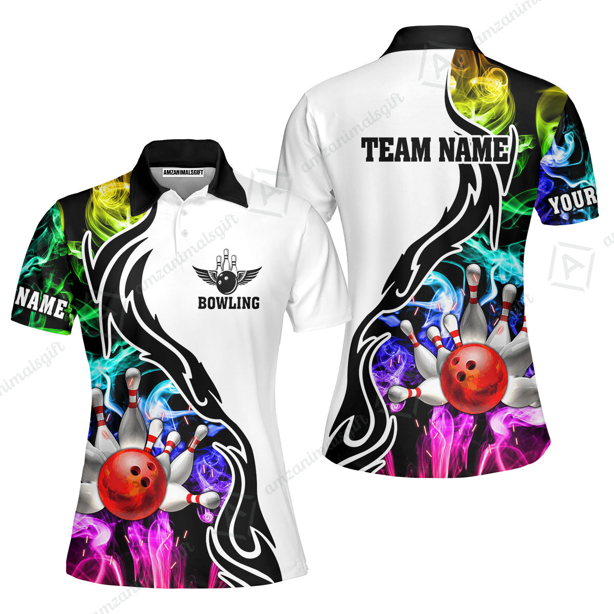 Customized Bowling Polo Shirt, Bowling And Pins Multicolor Smoke Pattern Customized Name And Team Polo Jerseys Shirts