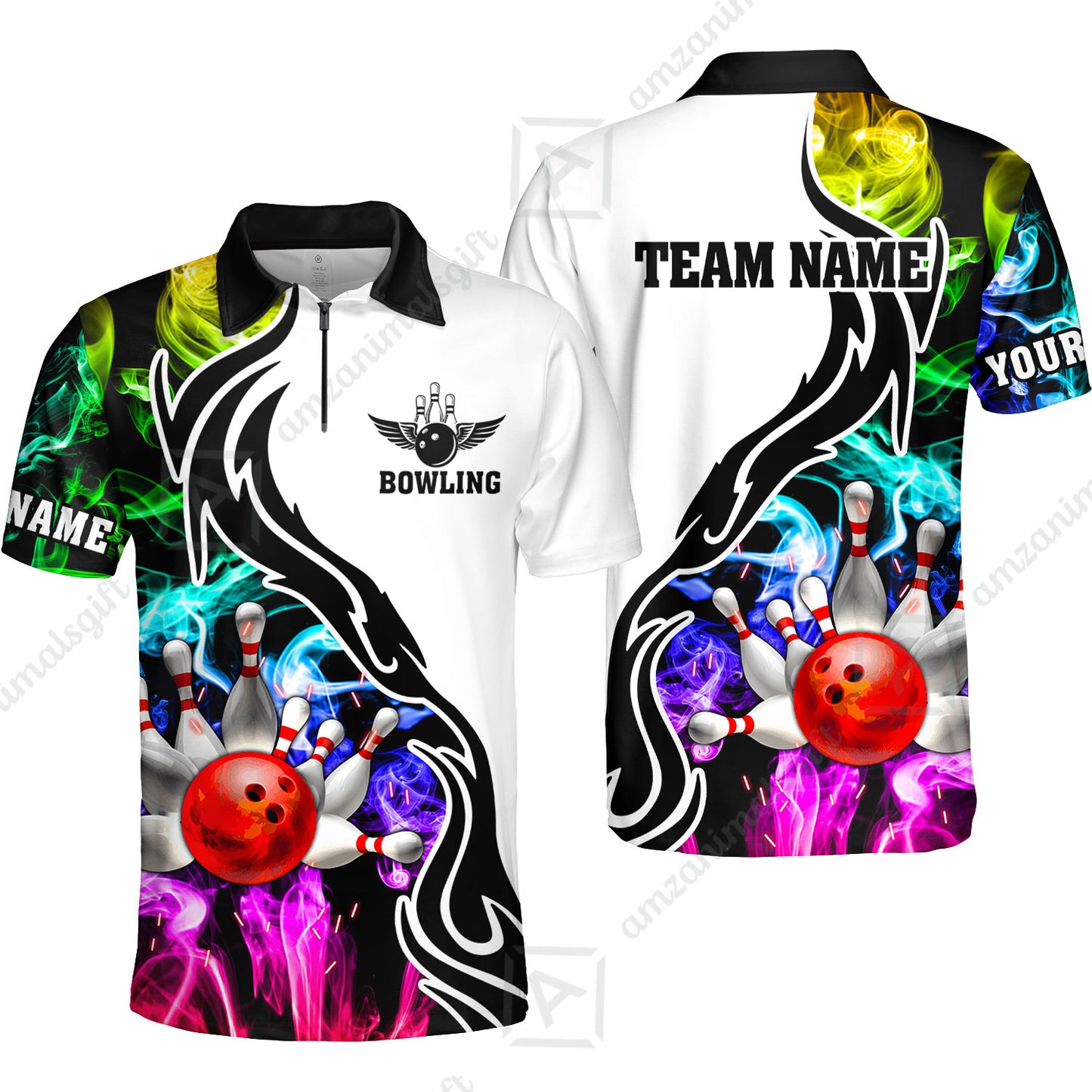 Customized Bowling Polo Shirt, Bowling And Pins Multicolor Smoke Pattern Customized Name And Team Polo Jerseys Shirts