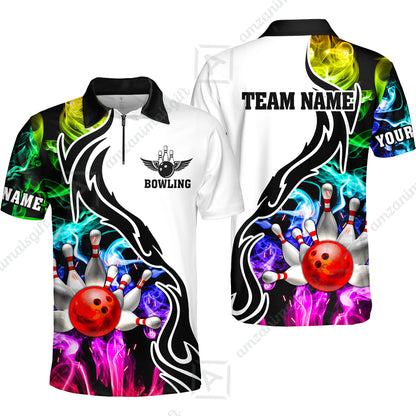 Customized Bowling Polo Shirt, Bowling And Pins Multicolor Smoke Pattern Customized Name And Team Polo Jerseys Shirts