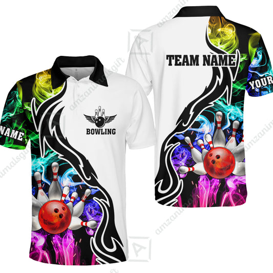 Customized Bowling Polo, Bowling And Pins Multicolor Smoke Pattern Customized Name And Team Polo Jerseys Shirts
