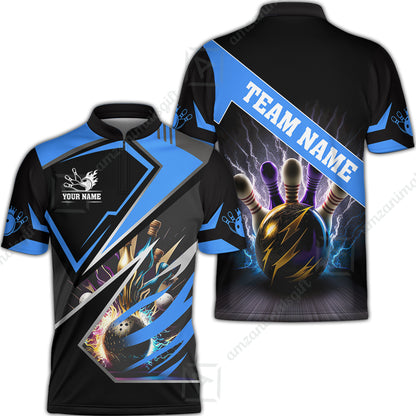 Customized Bowling Jersey Shirt, Bowling And Pins Premium Multicolor Option Customized Name And Team Zipper Polo Jerseys Shirts