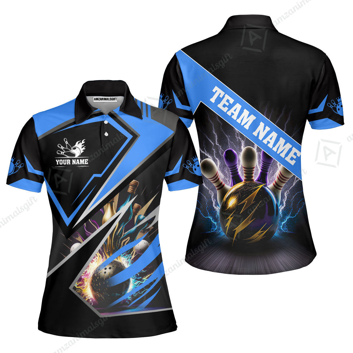 Customized Bowling Jersey Shirt, Bowling And Pins Premium Multicolor Option Customized Name And Team Zipper Polo Jerseys Shirts