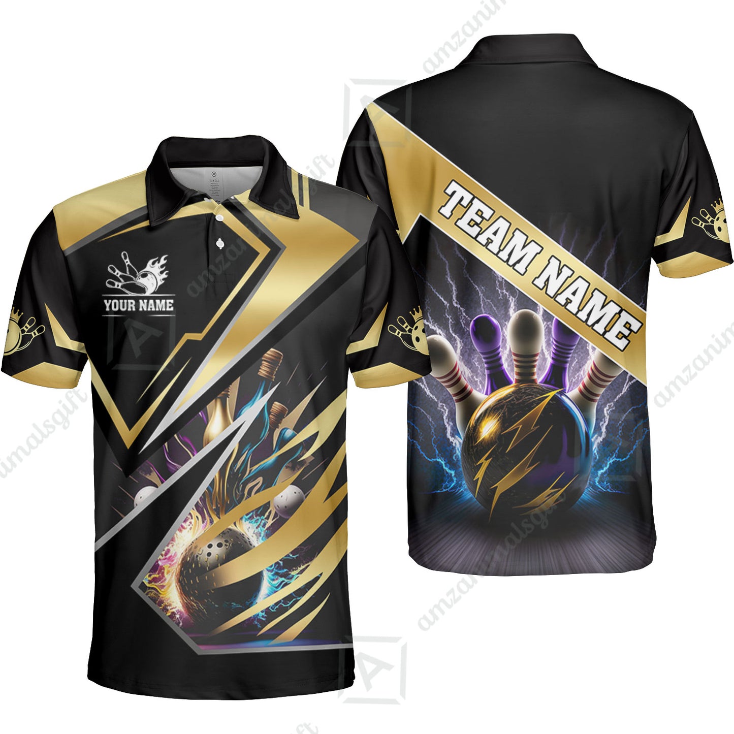 Customized Bowling Jersey Shirt, Bowling And Pins Premium Multicolor Option Customized Name And Team Zipper Polo Jerseys Shirts