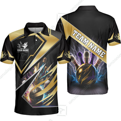 Customized Bowling Jersey Shirt, Bowling And Pins Premium Multicolor Option Customized Name And Team Zipper Polo Jerseys Shirts