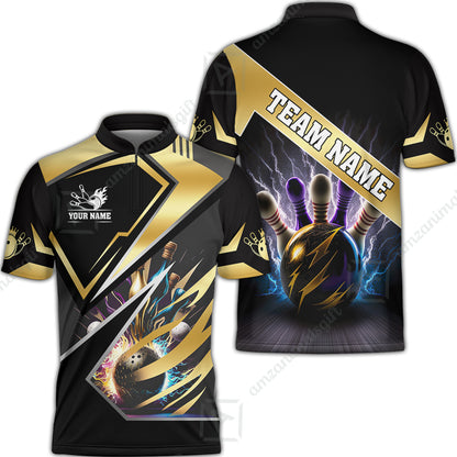 Customized Bowling Jersey Shirt, Bowling And Pins Premium Multicolor Option Customized Name And Team Zipper Polo Jerseys Shirts
