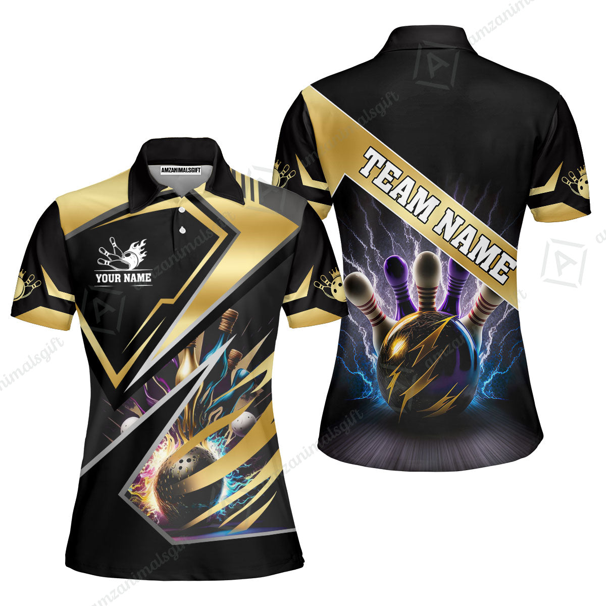 Customized Bowling Jersey Shirt, Bowling And Pins Premium Multicolor Option Customized Name And Team Zipper Polo Jerseys Shirts