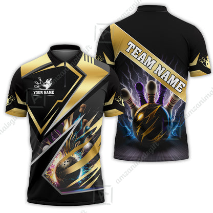 Customized Bowling Jersey Shirt, Bowling And Pins Premium Multicolor Option Customized Name And Team Zipper Polo Jerseys Shirts