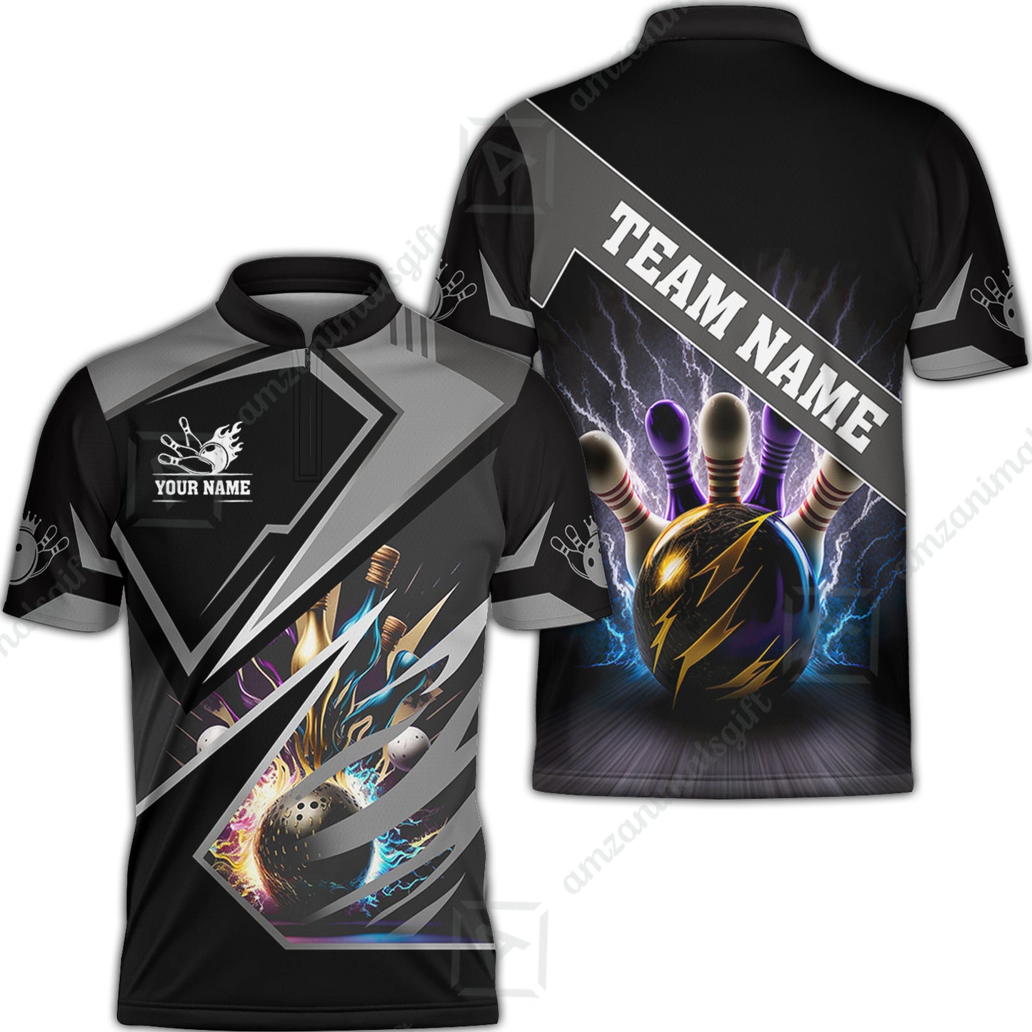 Customized Bowling Jersey Shirt, Bowling And Pins Premium Multicolor Option Customized Name And Team Zipper Polo Jerseys Shirts